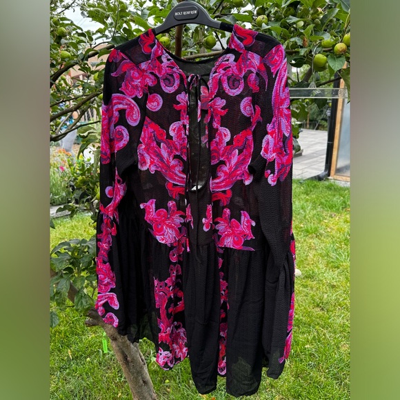FREE PEOPLE Printed Symphony Black & Purple Long Sleeve Printed Slip Dress, Sz L - Picture 5 of 15